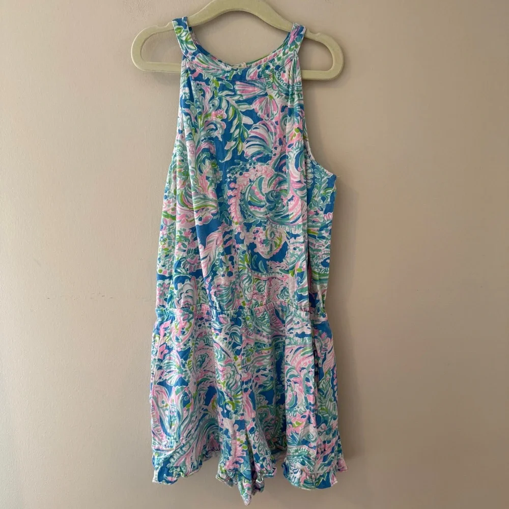 Lilly Pulitzer Girls XL 12-14 Blue Pink Floral Paisley Cotton Ruffle Romper